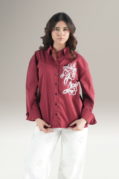 Abstact Floral Embrioded Maroon Shirt