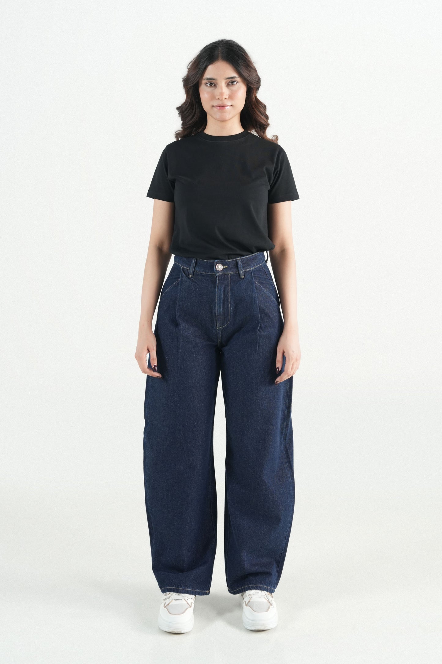 Pleated Barrel Fit Dark Blue Jeans
