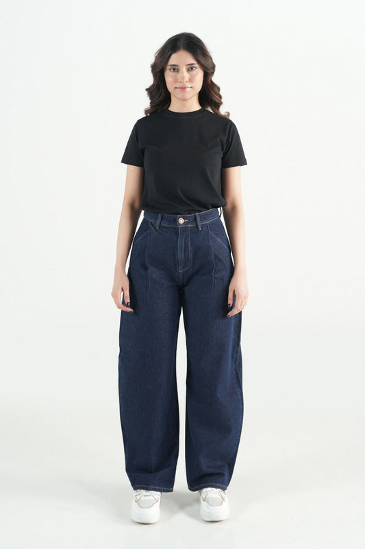 Pleated Barrel Fit Dark Blue Jeans