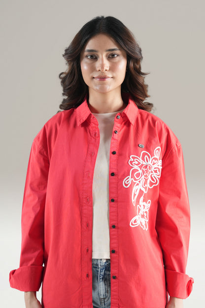 Abstact Floral Embrioded Red Shirt