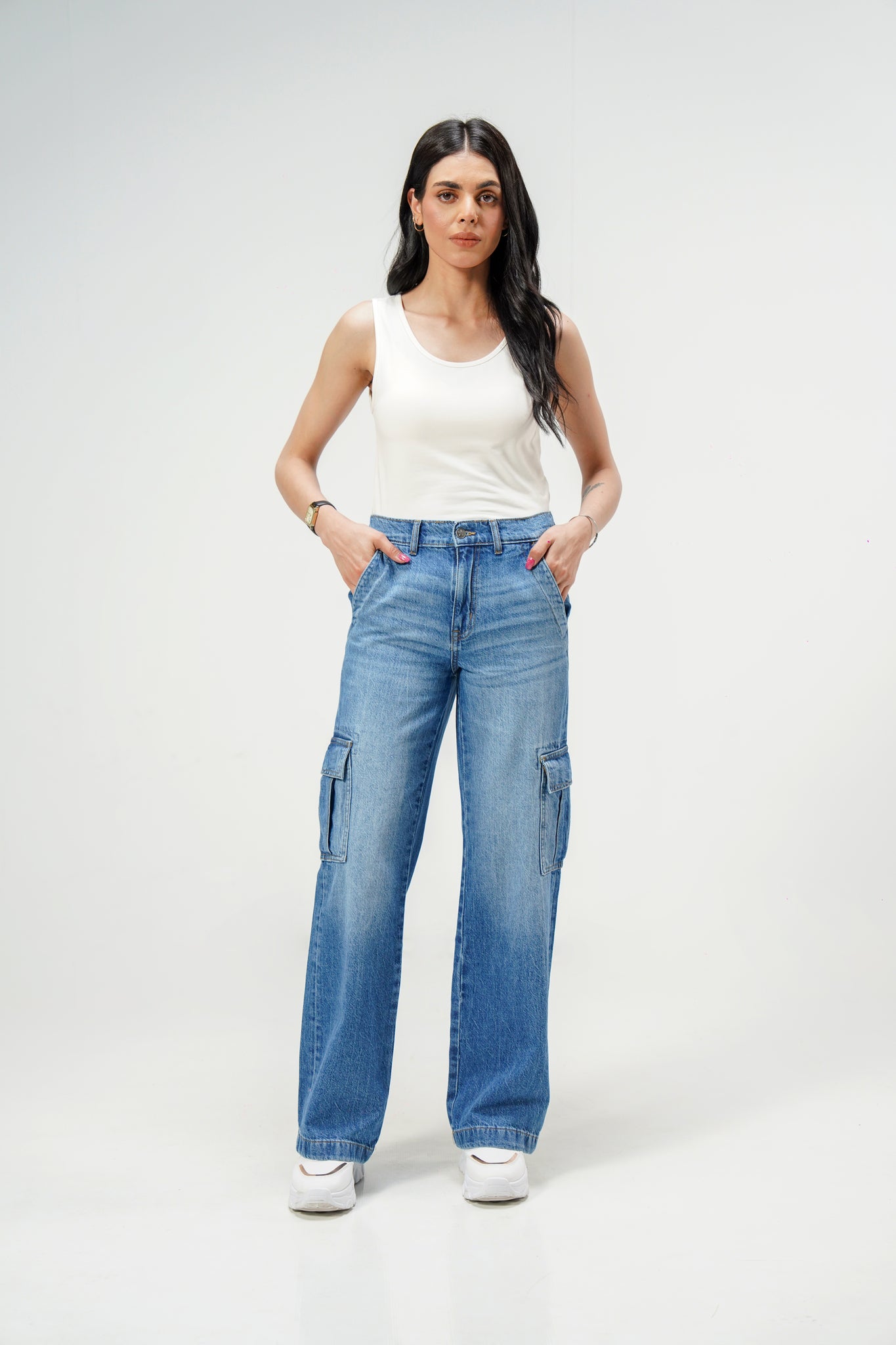 High Rise Wide Leg Cargo Medium Blue