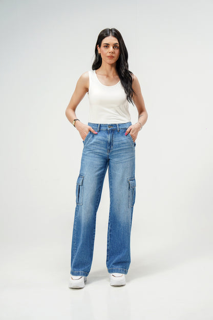 High Rise Wide Leg Cargo Medium Blue