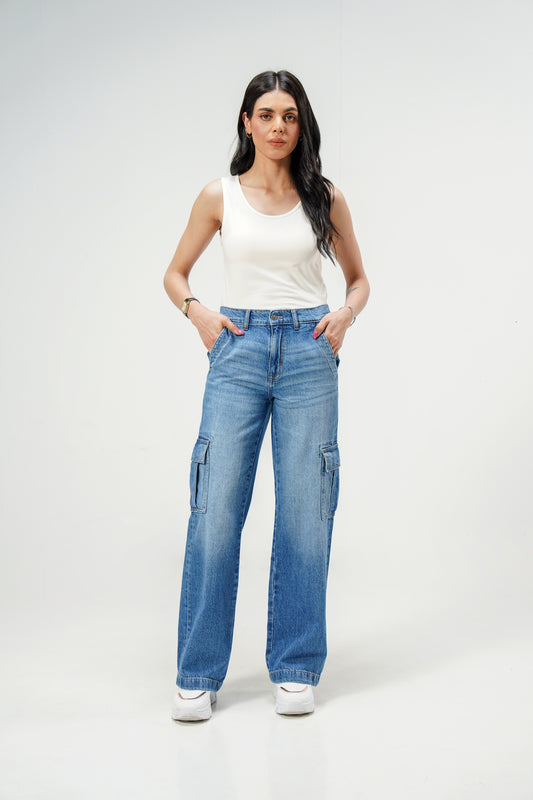 High Rise Wide Leg Cargo Medium Blue