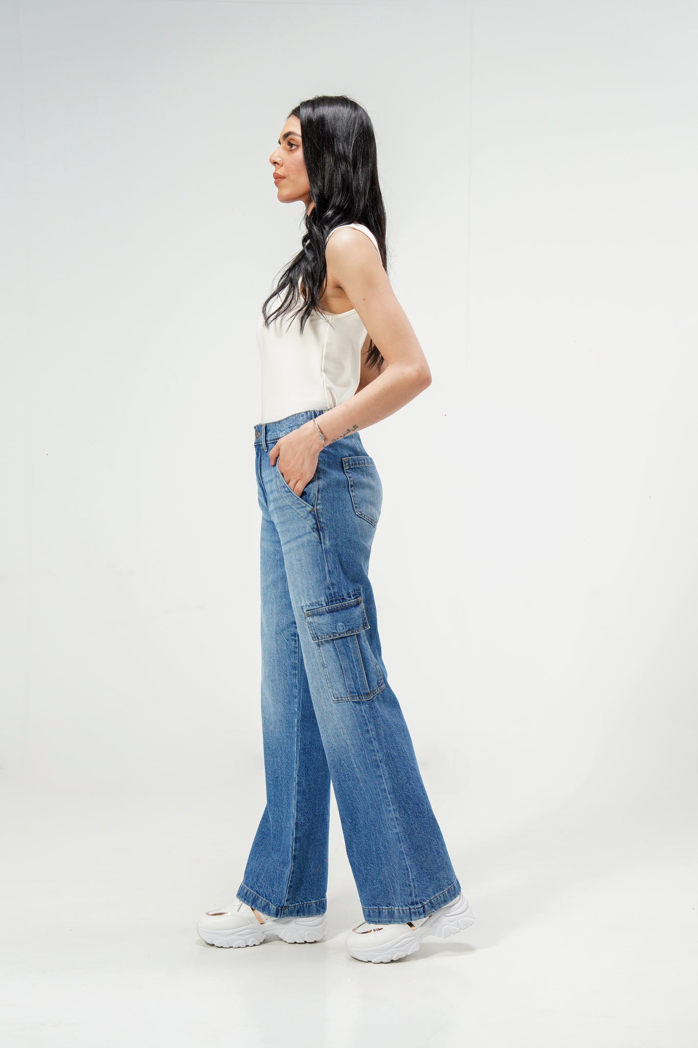 High Rise Wide Leg Cargo Medium Blue