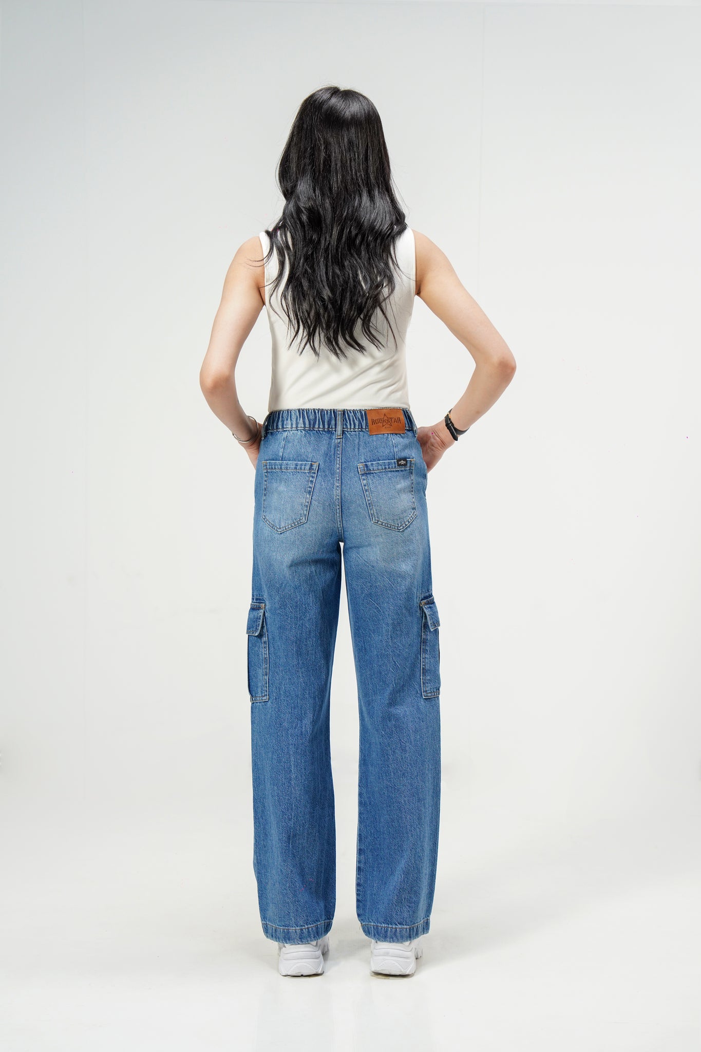 High Rise Wide Leg Cargo Medium Blue