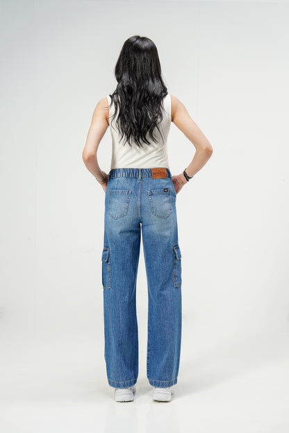 High Rise Wide Leg Cargo Medium Blue