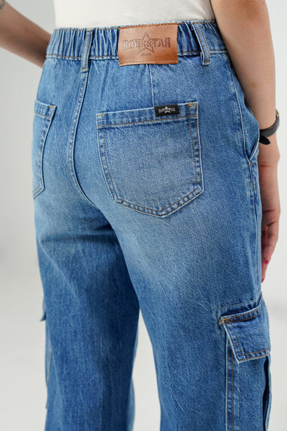 High Rise Wide Leg Cargo Medium Blue shop at Rockstar Jeans