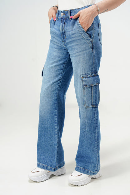 High Rise Wide Leg Cargo Medium Blue