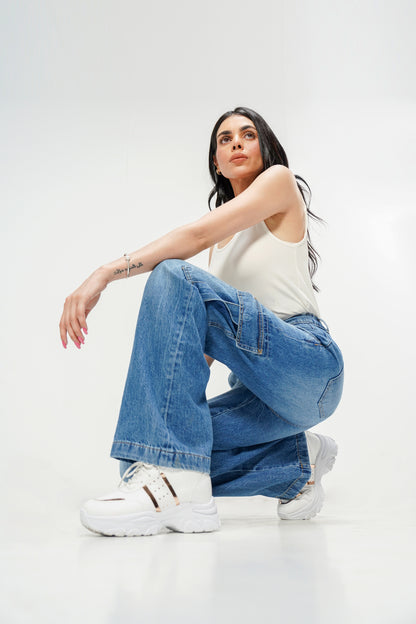 High Rise Wide Leg Cargo Medium Blue shop at Rockstar Jeans