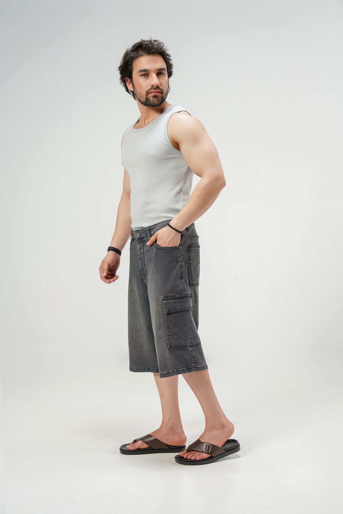 Grey Cargo Denim Jorts shop at rockstar jeans