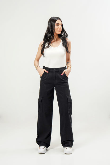 High Rise Wide Leg Cargo Black