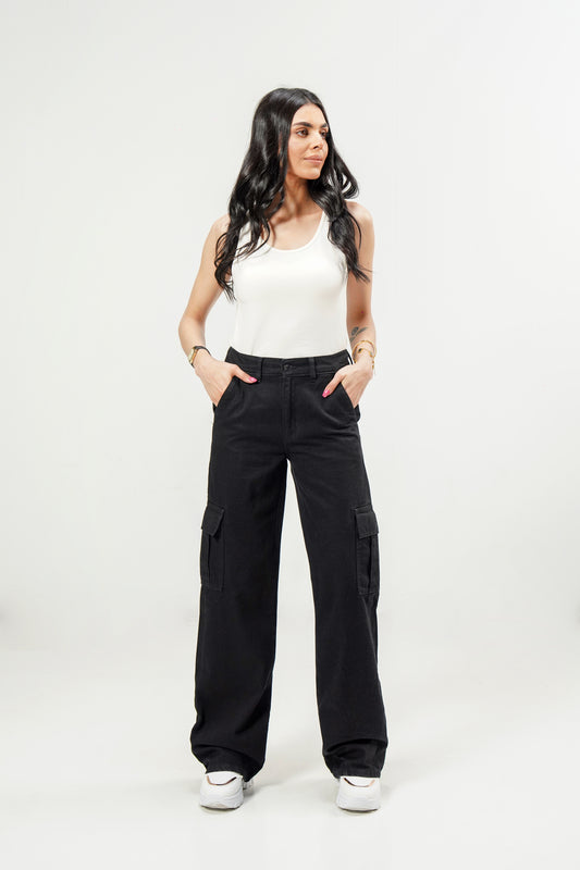High Rise Wide Leg Cargo Black