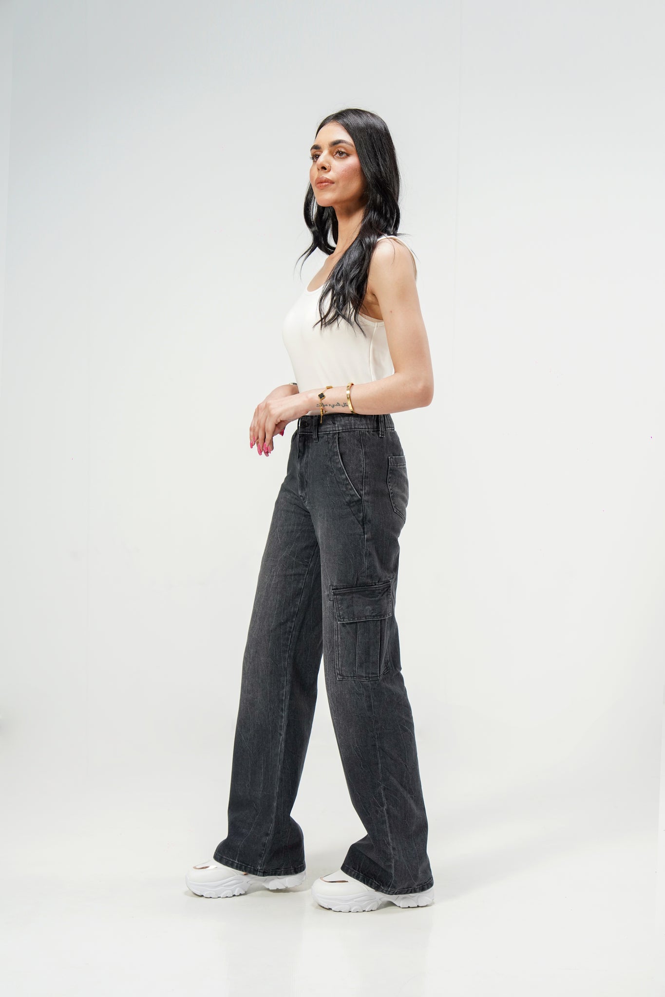 High Rise Wide Leg Cargo Grey