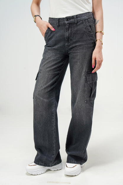 High Rise Wide Leg Cargo Grey shop at rockstar jeans