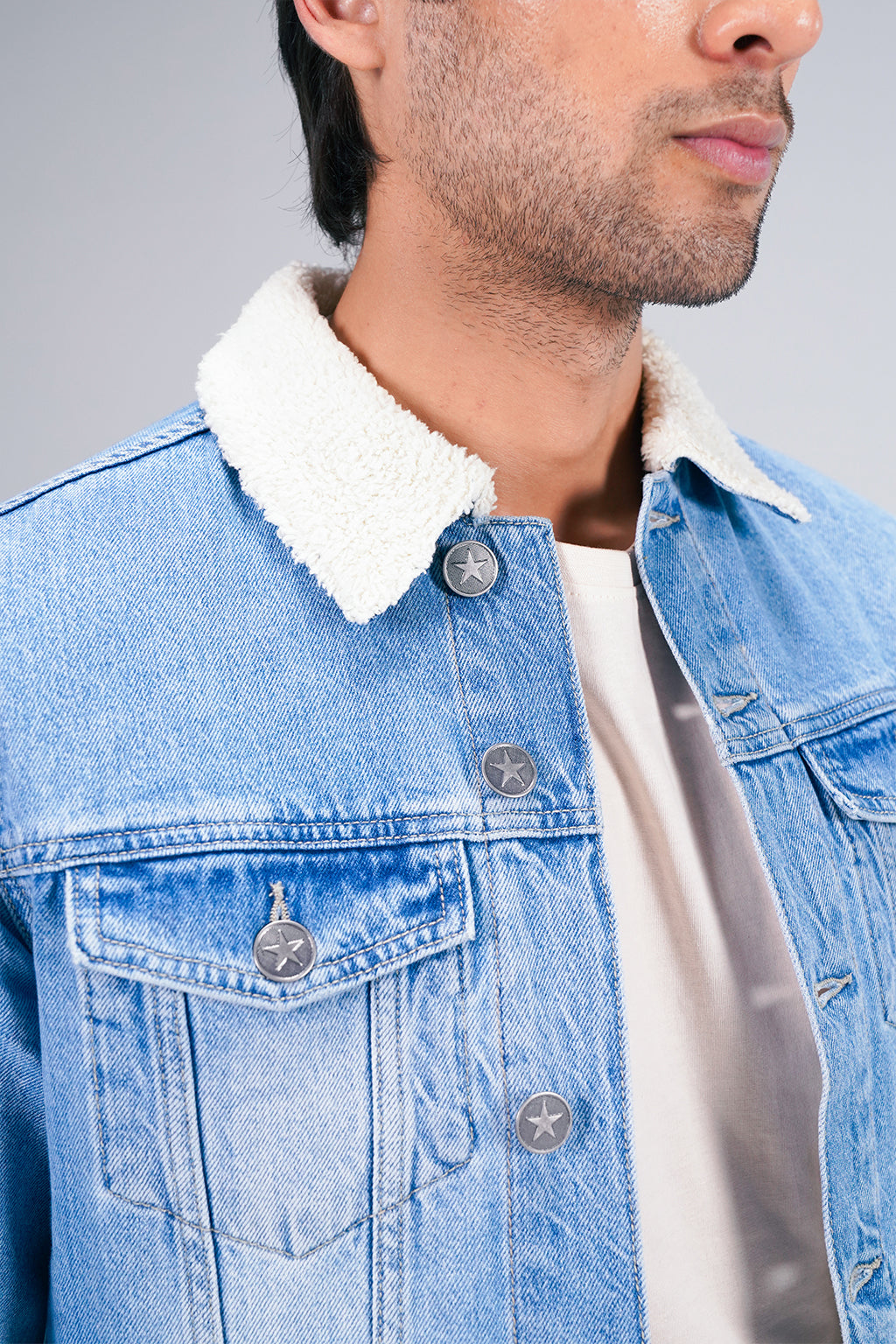 Light Denim Jacket With Sherpa shop at Rockstar Jeans