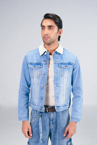 Light Denim Jacket With Sherpa shop at rockstar jeans