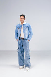 Light Denim Jacket With Sherpa shop at rockstar jeans