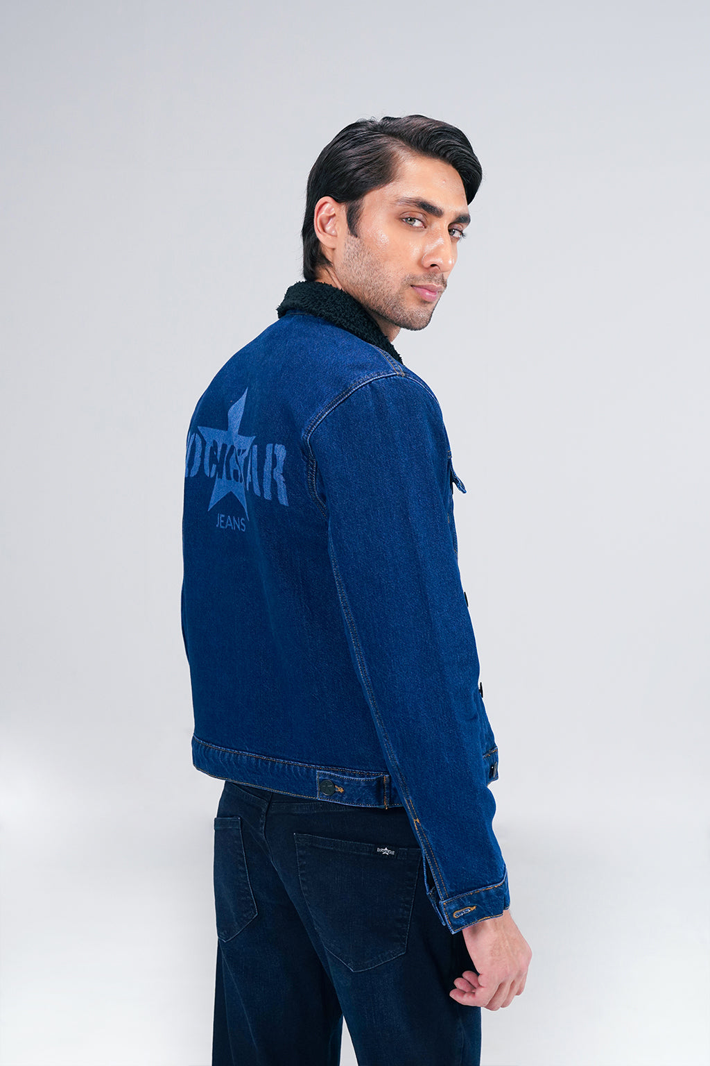 Dark Denim Jacket With Sherpa shop at Rockstar Jeans