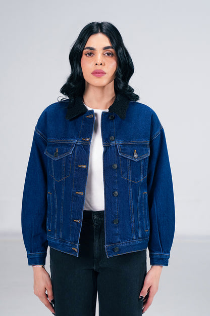 Dark Denim Jacket With Sherpa