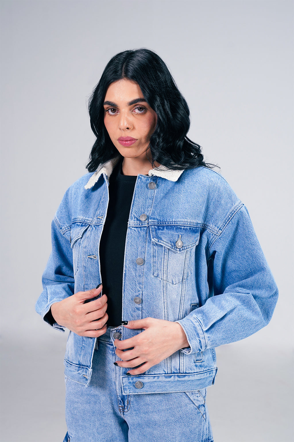 Light Denim Jacket With Sherpa