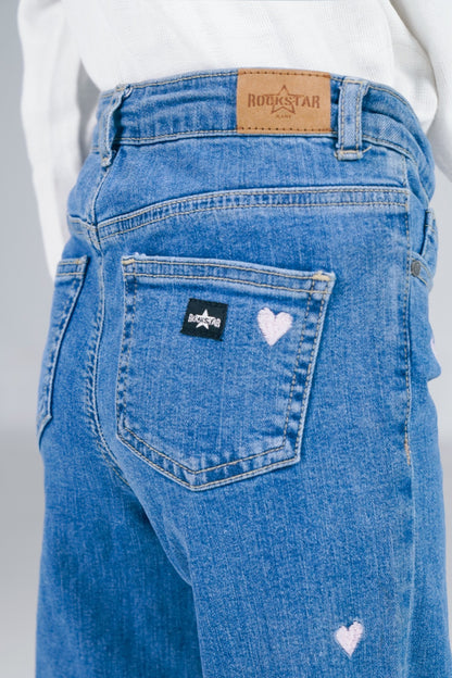 Wide Leg Heart Embroidery Jean